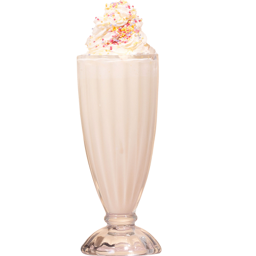 Elegant milkshake glass filled with creamy collagen shake, topped with whipped cream and colorful sprinkles. Beauty and wellness focus.
