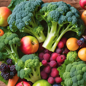 Fresh broccoli, apples, raspberries, blackberries, and assorted fruits on a wooden surface.