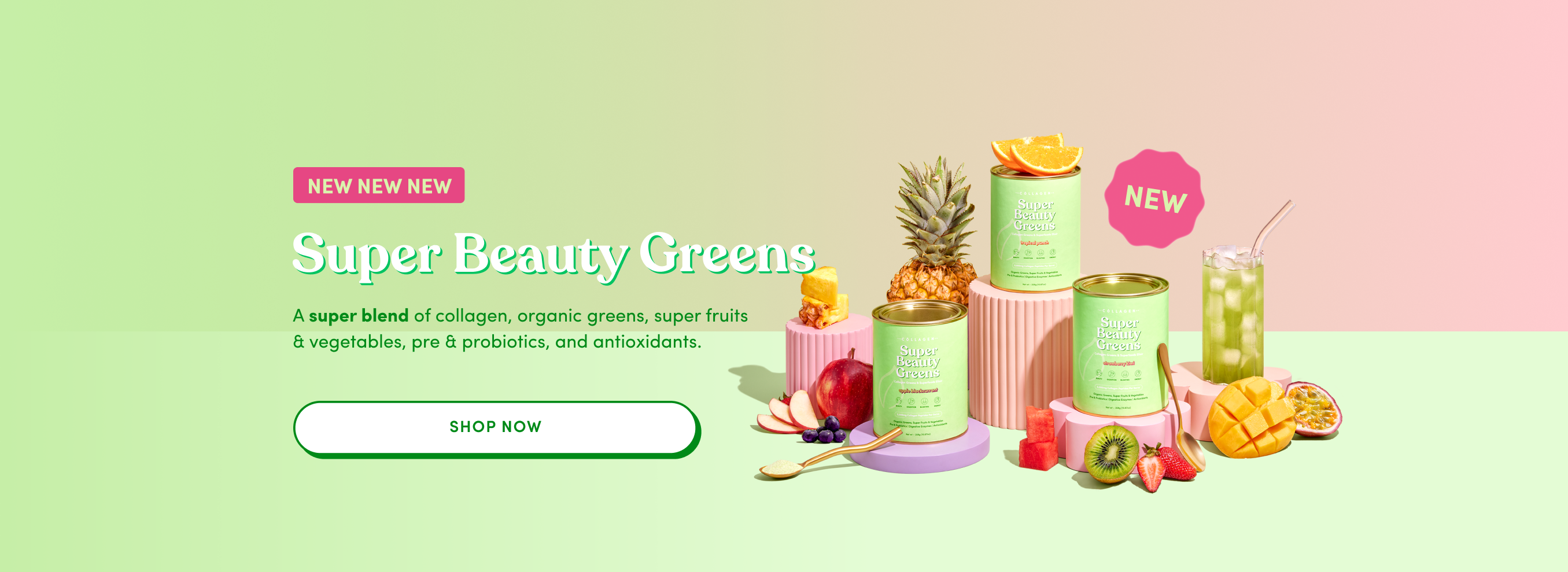 Collagen supplement containers with fruits and vegetables, including pineapple and mango, on a pastel gradient background promoting beauty and health benefits.