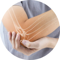 Person holding elbow with a superimposed skeletal diagram, highlighting joint health benefits of collagen supplements for beauty and wellness.