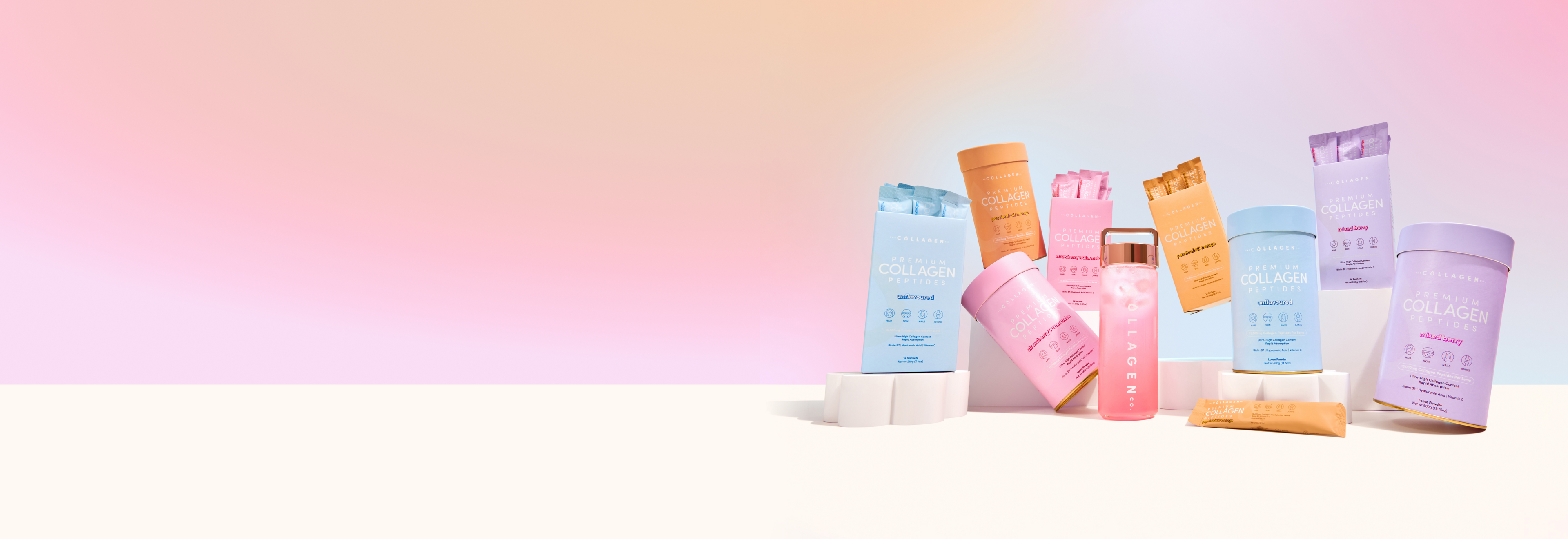 Collagen supplements displayed in colorful containers and packets against a gradient pastel background, emphasizing beauty and wellness.