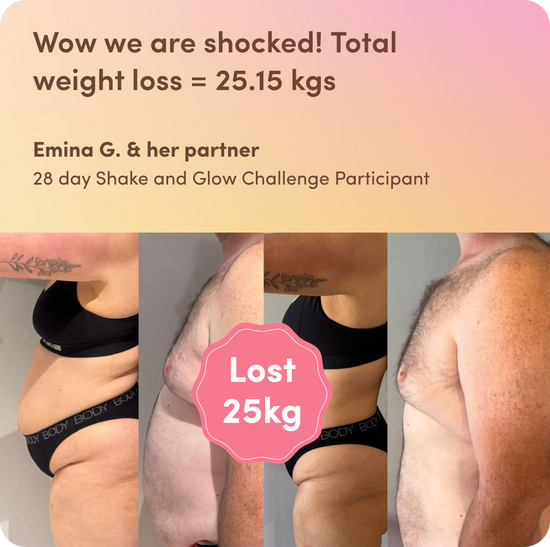 Before and after weight loss photo showing significant belly fat reduction. Text highlights 25 kg loss from a 28-day Shake and Glow Challenge.