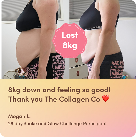 Side-by-side comparison of a woman's weight loss transformation with text praising The Collagen Co's 28-day challenge.