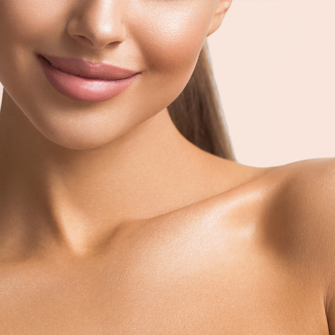 Close-up of a woman's smooth skin and soft smile, highlighting beauty and skincare. Ideal for collagen supplement concept.