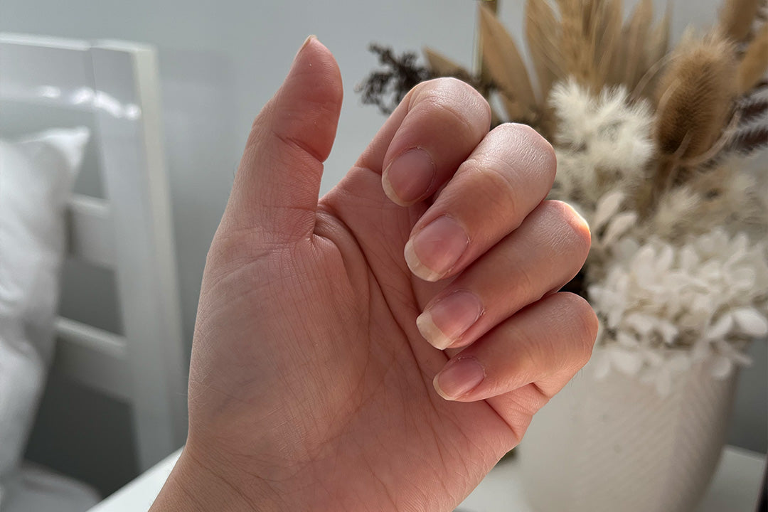Hand with long natural nails against a blurred background of dried flowers, suggesting beauty and wellness.