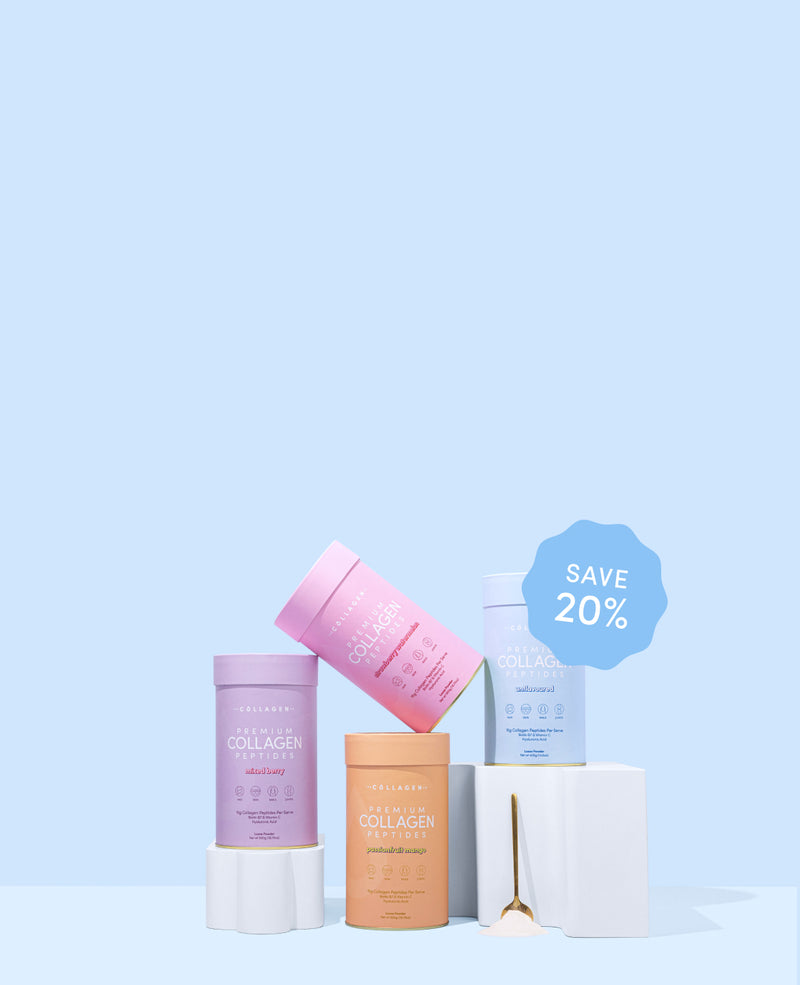 Four collagen containers in pastel colors stacked creatively with a "Save 20%" badge on a light blue background; includes a small spoon.