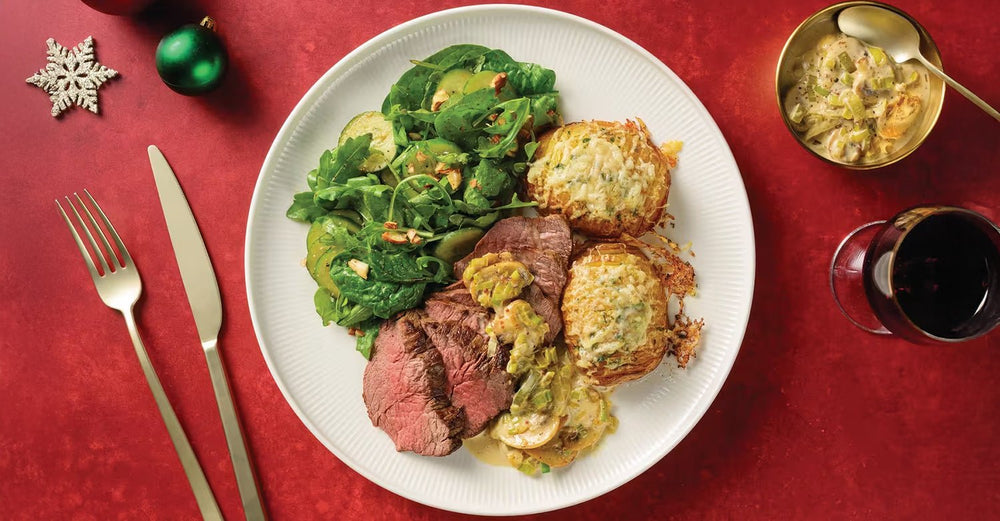 HelloFresh's Beef Mini Roast & Leek Mushroom Sauce with Parmesan Hasselback Potatoes & Cucumber Salad - The Collagen Co.