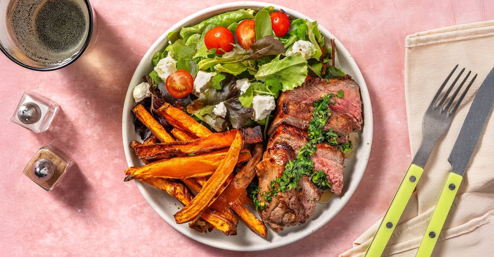HelloFresh's Double Beef Rump & Chimichurri Sauce with Sweet Potato Fries & Fetta Salad - The Collagen Co.