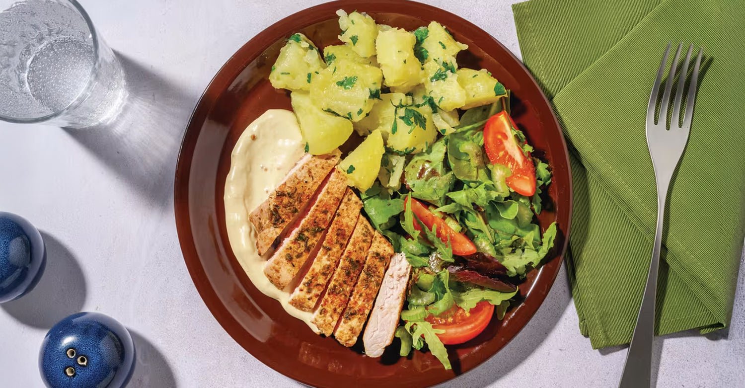 Easy Seared Chicken & Herby Crushed Potatoes with Tomato Salad & Mustard Mayo - The Collagen Co.