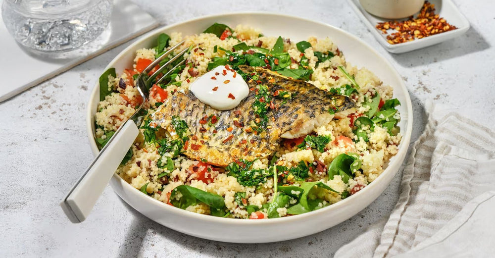 HelloFresh's Barramundi & Zesty Olive Couscous Salad with Garlic-Chilli Oil & Yoghurt - The Collagen Co.