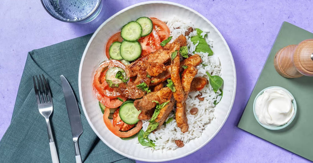 HelloFresh's Moroccan-Spiced Pork & Currant Rice with Cucumber-Tomato Salsa & Garlic Sauce - The Collagen Co.