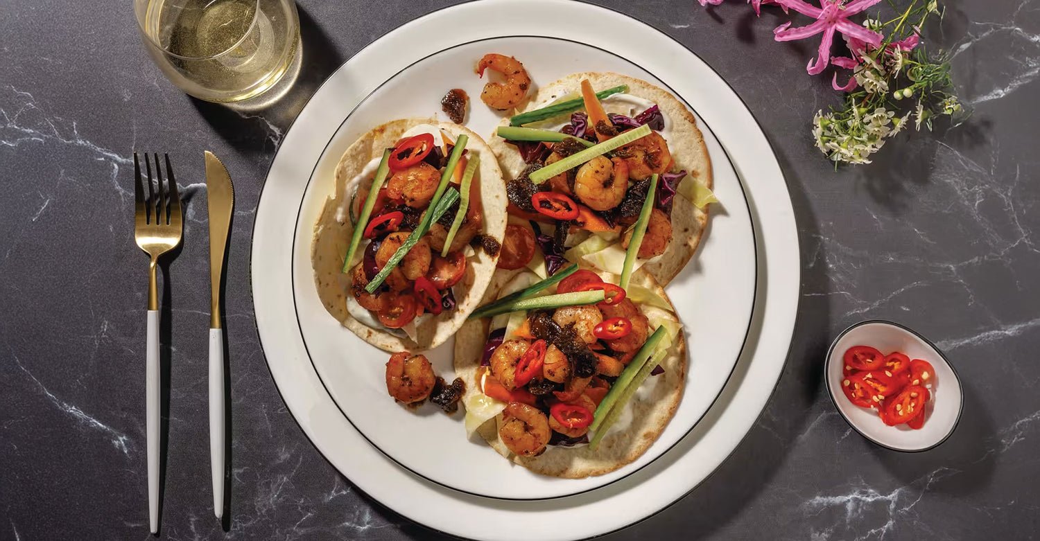 Seared Asian-Style Prawn & Cucumber Tacos with Cherry Tomato Salad & Garlic-Mint Yoghurt - The Collagen Co.
