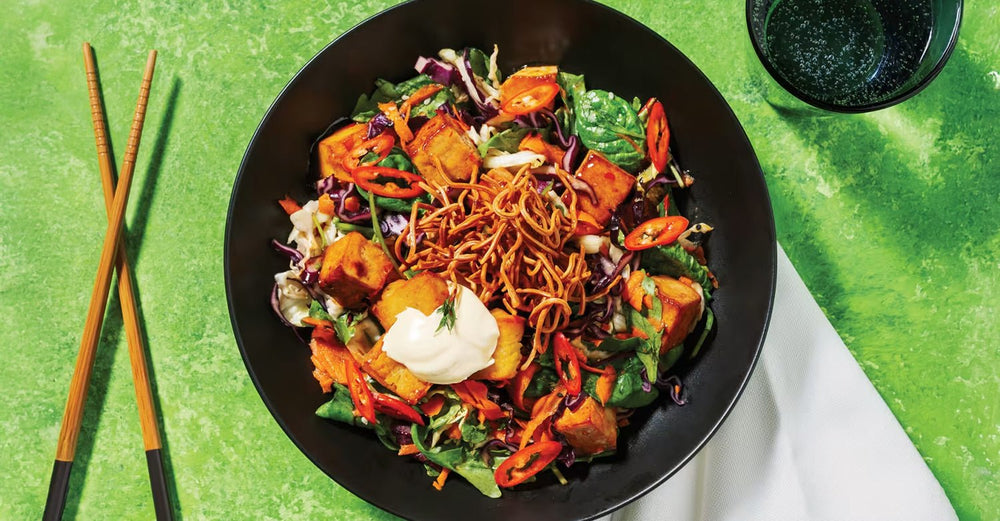HelloFresh's Sweet Chilli Tofu & Japanese-Style Salad with Crunchy Fried Noodles & Aioli - The Collagen Co.