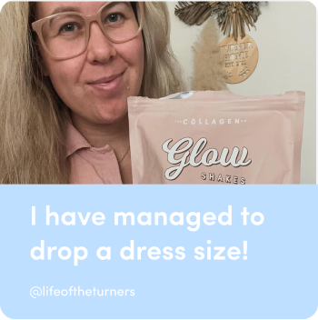 Woman smiling, holding a bag of "Glow Shakes" collagen supplement. Text below reads "I have managed to drop a dress size!"