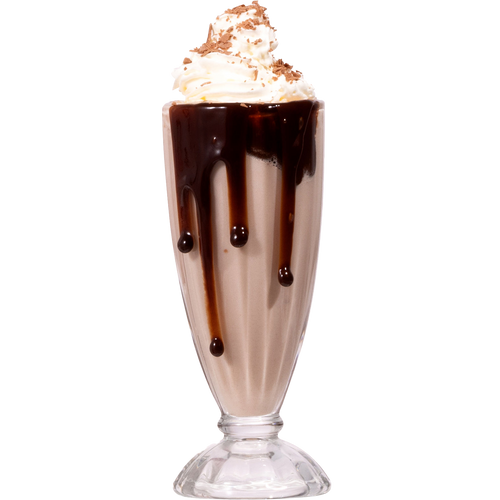 Chocolate milkshake in a tall glass drizzled with chocolate syrup, topped with whipped cream and chocolate shavings.
