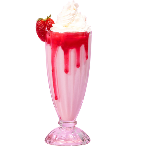 A tall glass of pink strawberry milkshake topped with whipped cream, strawberry syrup drips, and a fresh strawberry garnish.