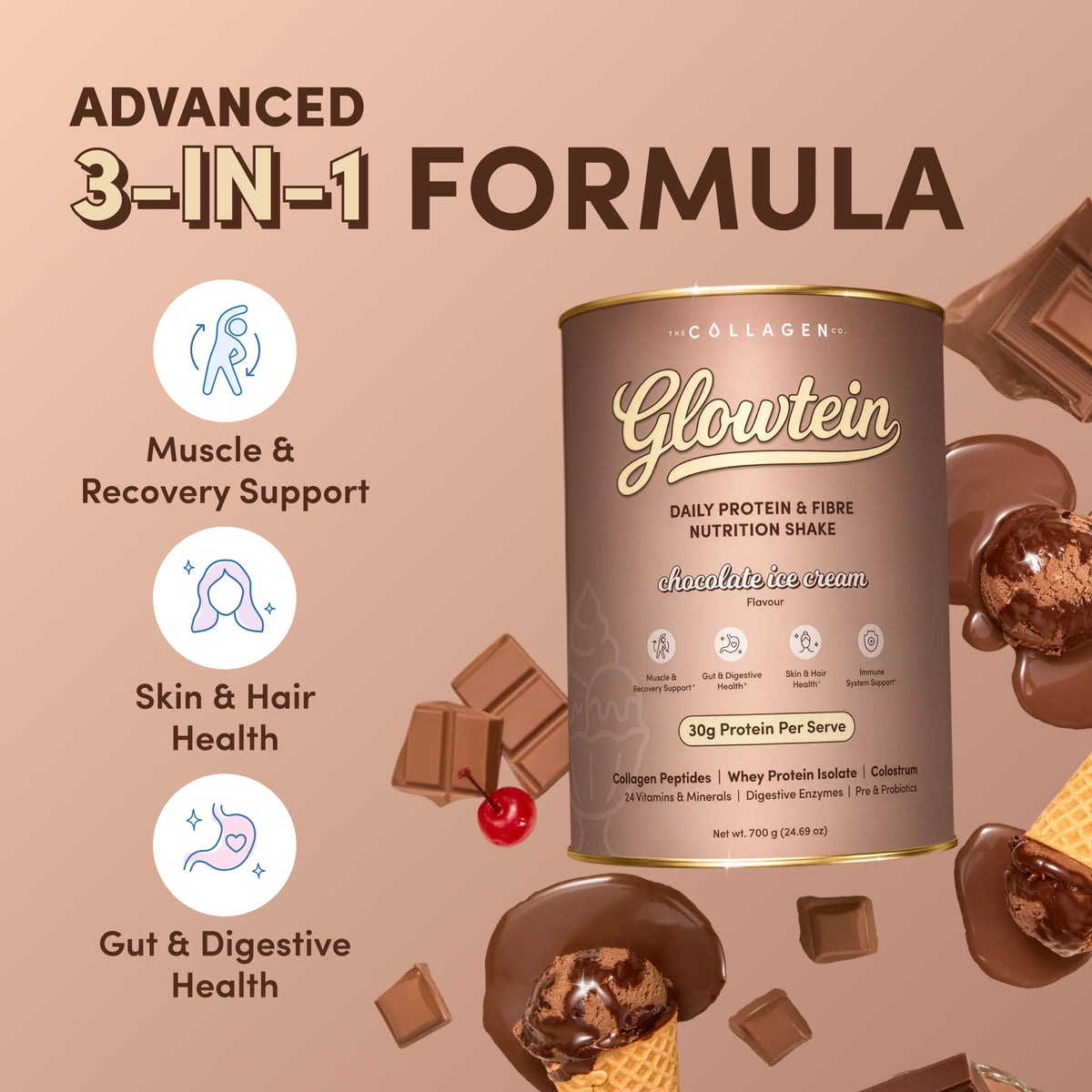 Chocolate Ice Cream Glowtein High Protein & Fibre Shake - 700g