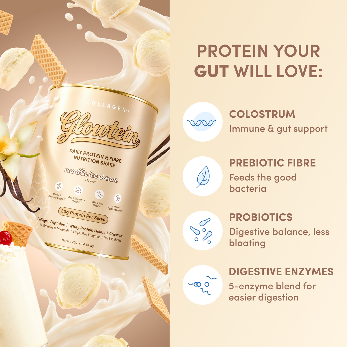 Vanilla Ice Cream Glowtein High Protein & Fibre Shake - 700g