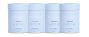 Four light blue containers of collagen supplements, aligned side by side, promoting beauty and wellness.