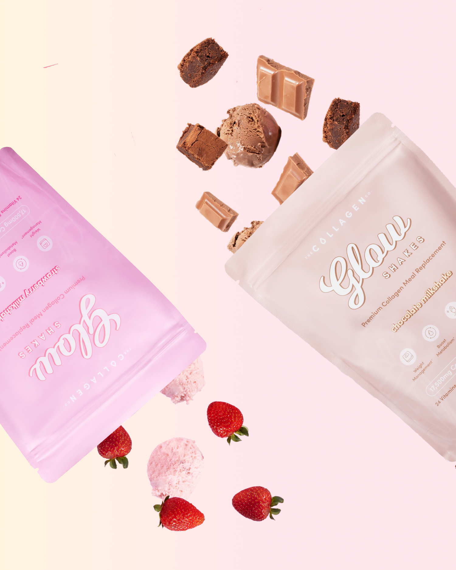 Two collagen supplement pouches with "Glow" labels; one pink, one beige, surrounded by chocolate chunks, strawberries, and pink treats.