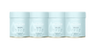 Four pastel blue containers of collagen supplement, aligned in a row, highlighting beauty and wellness.