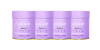 Four purple containers of collagen beauty supplements lined up, labeled for wellness. Ideal for skin health and beauty enhancement.