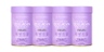 Four lavender collagen supplement containers with white text, promoting beauty and wellness. Perfect for skincare and health routines.