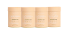 Four beige collagen supplement containers arranged in a row, emphasizing skincare and beauty benefits.