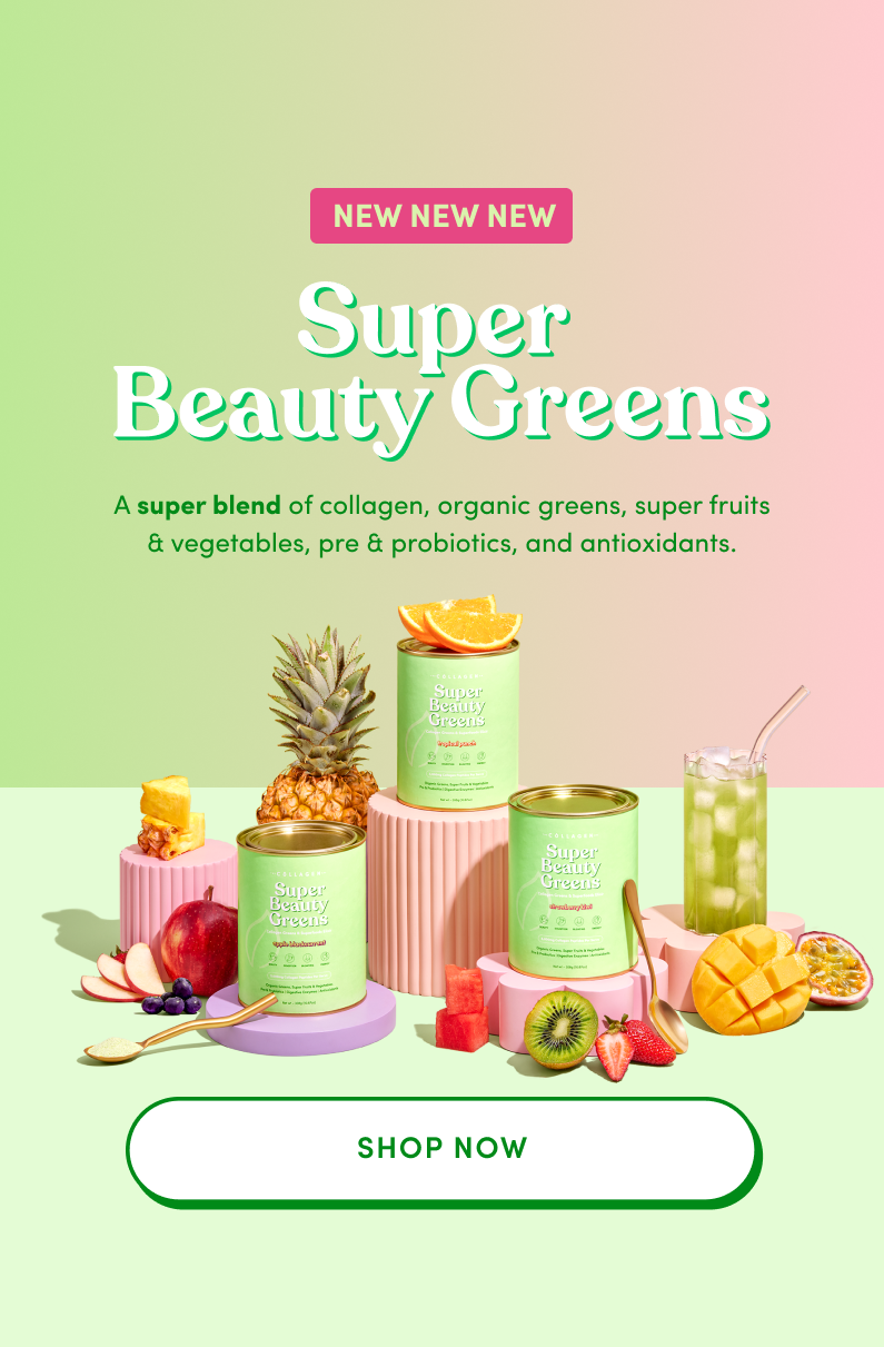 Collagen supplement containers with fruits like pineapple, apple, and mango on pastel stands. Text highlights organic beauty benefits.