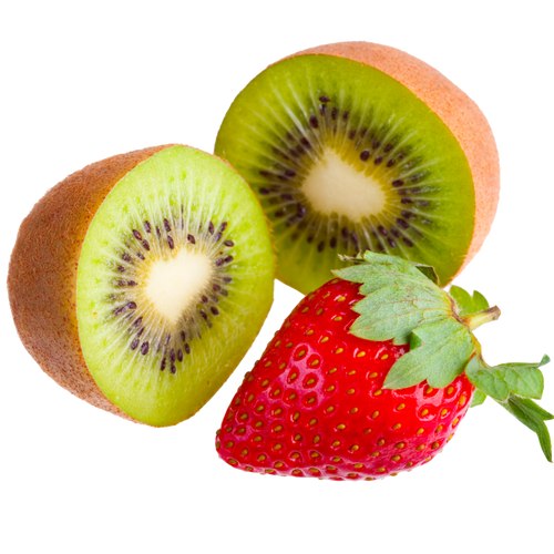 Fresh kiwi halves and a ripe strawberry on a white background, showcasing vibrant colors and textures, perfect for beauty and health supplements.