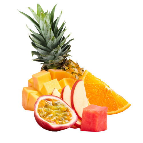 Tropical fruits arrangement with pineapple, orange slice, passion fruit, apple, watermelon, and mango cubes, promoting freshness and vitality.
