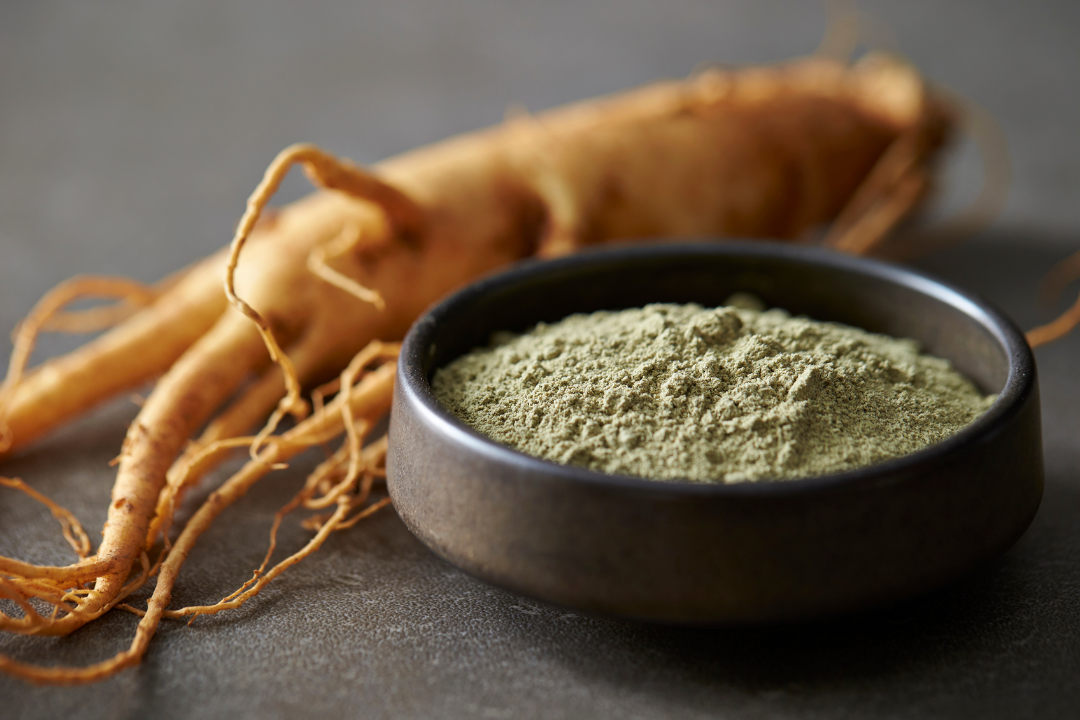 Bowl of green powder supplement with a ginseng root on a gray surface, emphasizing natural beauty and health benefits.
