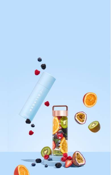 Collagen container and bottle with fruits like kiwi, oranges, and berries on a light blue background. Focus on beauty supplements.