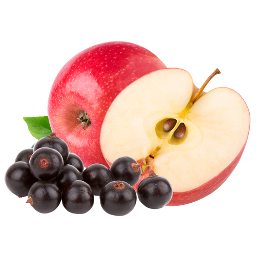 Red apple and a half-apple with seeds next to a cluster of blackcurrants, emphasizing natural beauty and health supplements.