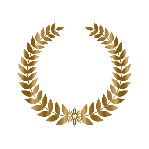 Gold laurel wreath encircling "Organic Beauty Award 2023" with a leaf design in the center.
