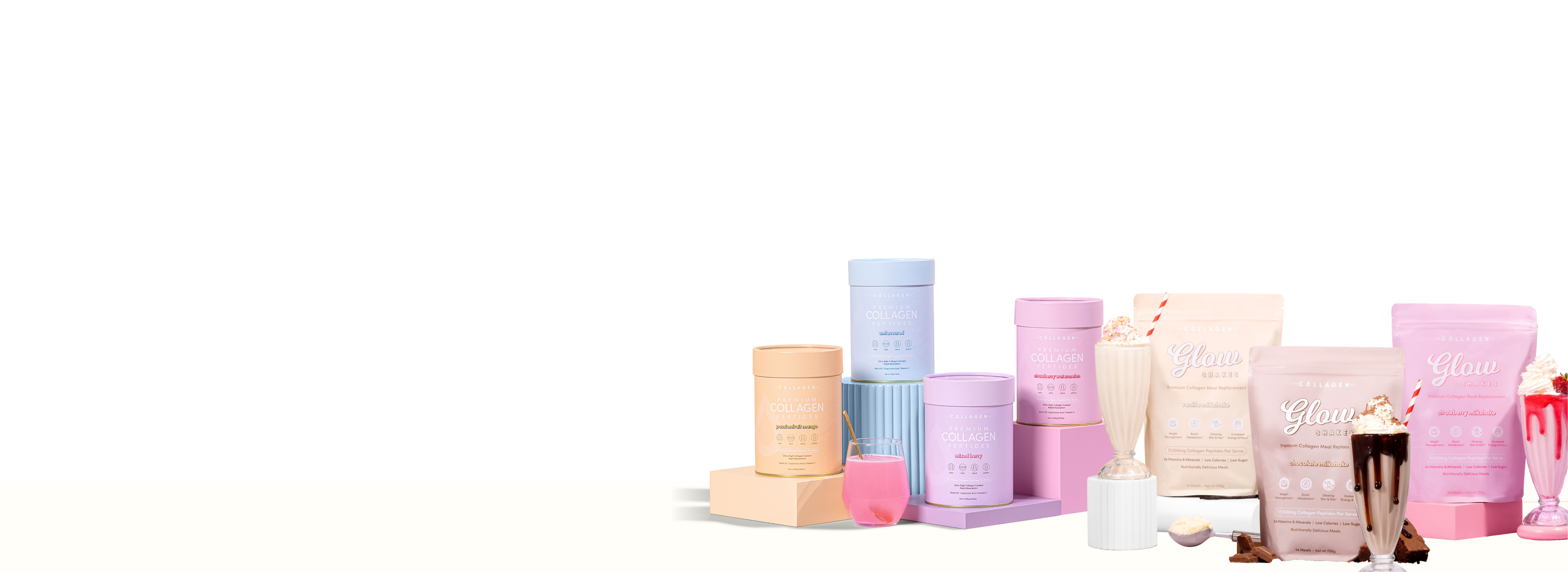 Assorted beauty supplement containers and packets with vibrant labels, featuring collagen products arranged neatly with some smoothie glasses.