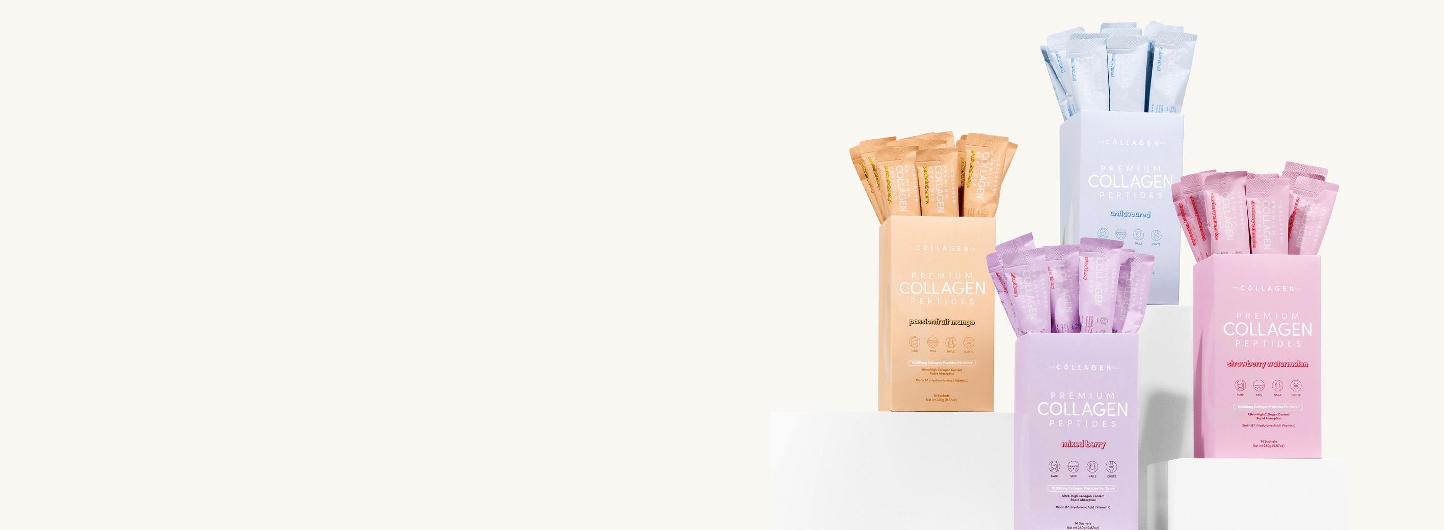 Assorted collagen supplement boxes in pastel colors on a white background, featuring packets for wellness and beauty enhancement.