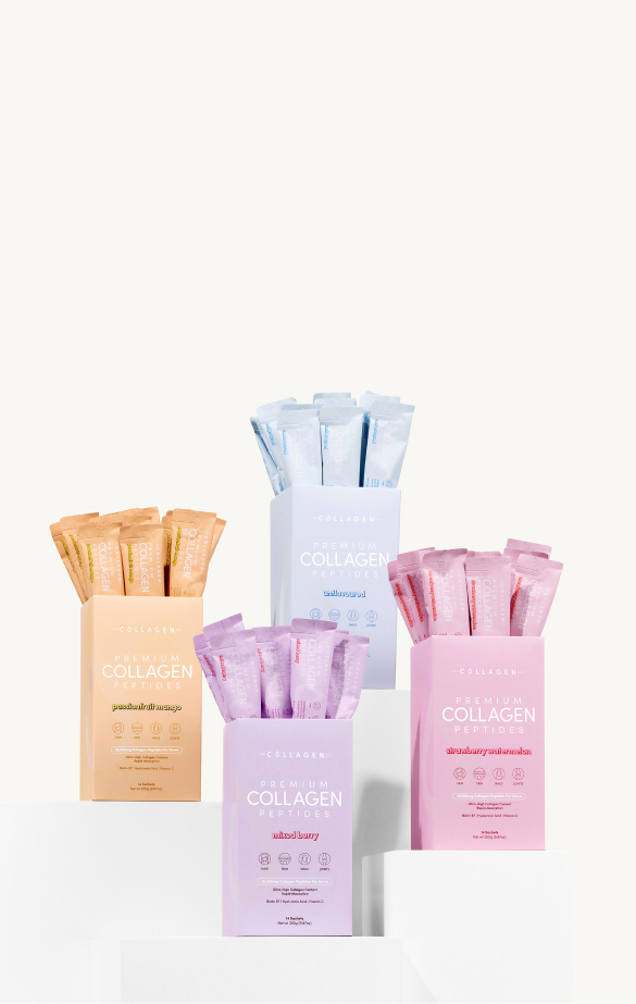 Boxes of collagen peptide sachets in various flavors: peach and mango, sakura, mixed berry, and strawberry lemonade, arranged on white blocks.