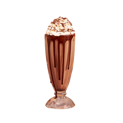 Tall glass with chocolate drink, drizzled sauce, and topped with whipped cream, isolated on a plain background.