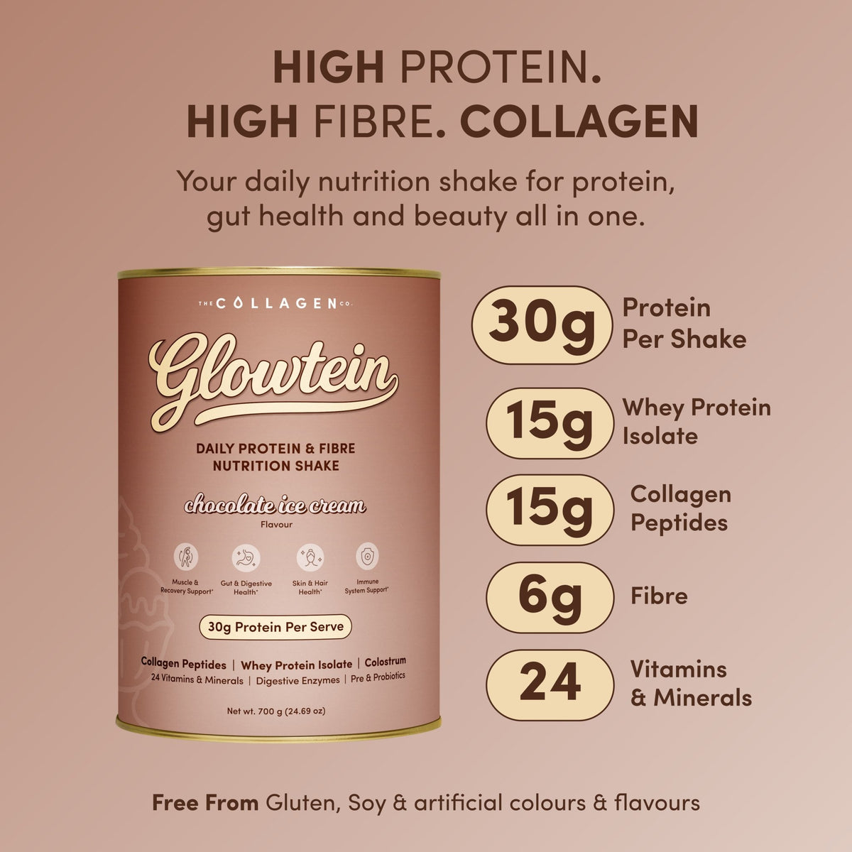 Chocolate Ice Cream Glowtein High Protein & Fibre Shake - 700g - The Collagen Co.