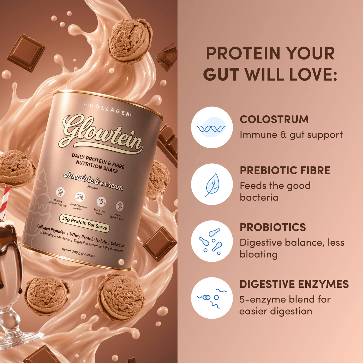 Chocolate Ice Cream Glowtein High Protein & Fibre Shake - 700g - The Collagen Co.