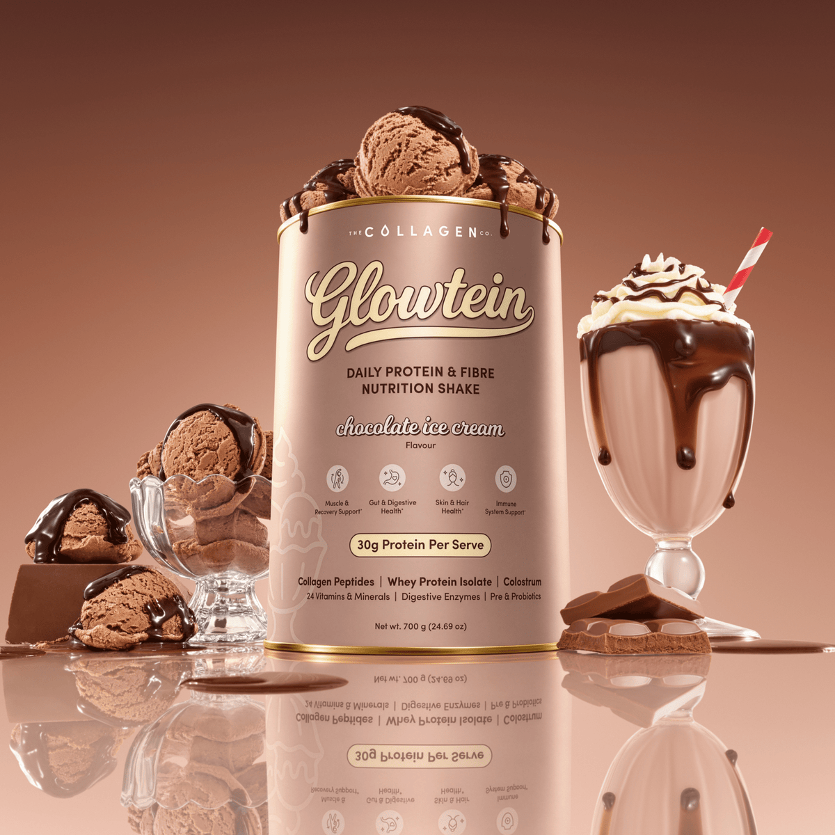 Chocolate Ice Cream Glowtein High Protein & Fibre Shake - 700g - The Collagen Co.