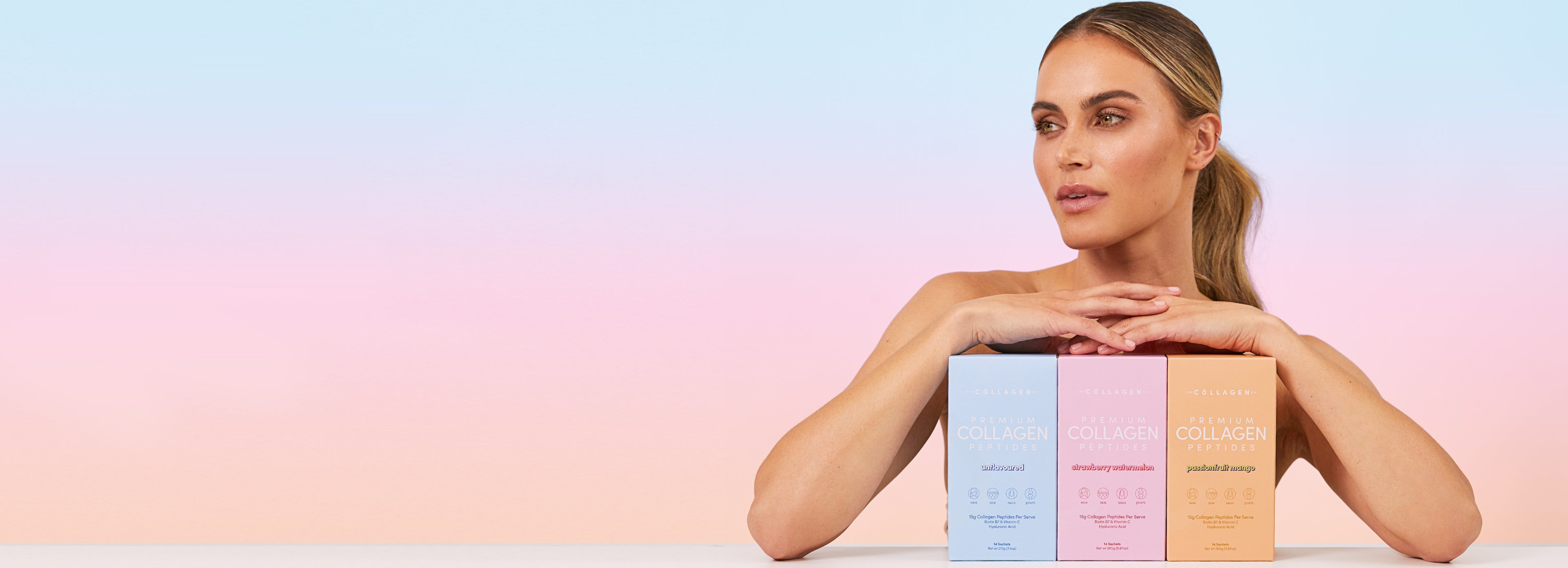 Woman with ponytail poses with three collagen supplement boxes against a pastel gradient background.