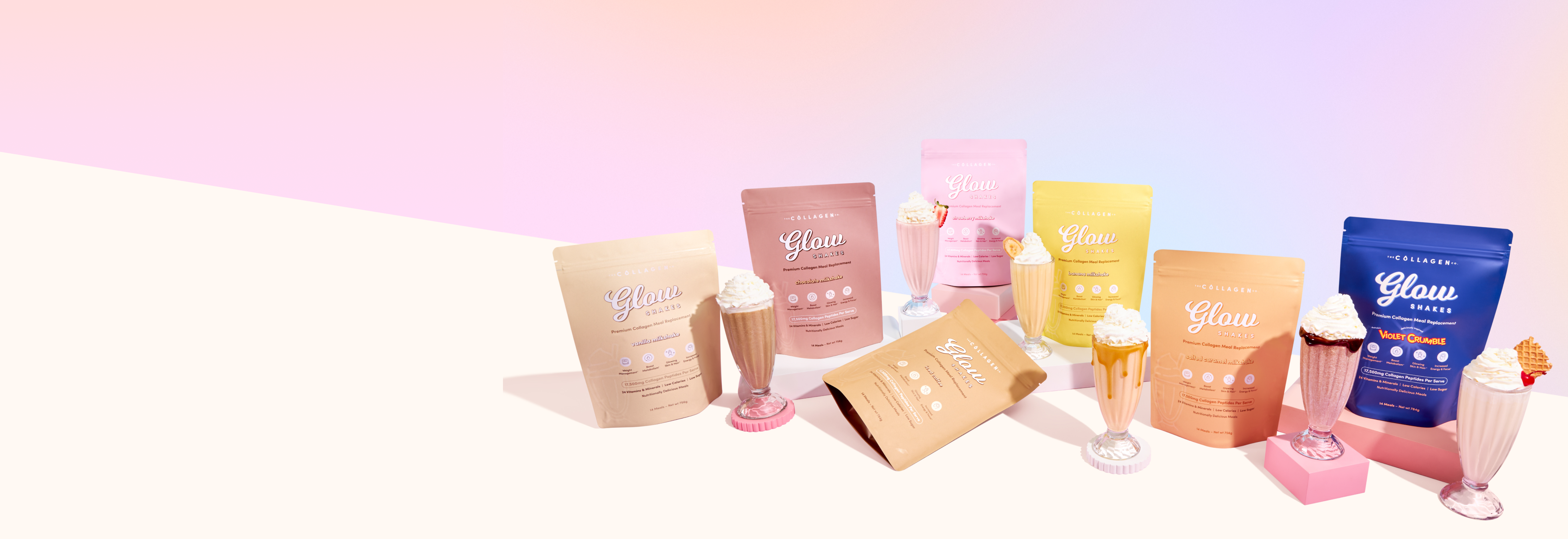 Various colorful collagen supplement pouches with glasses of shakes on a pastel gradient background.