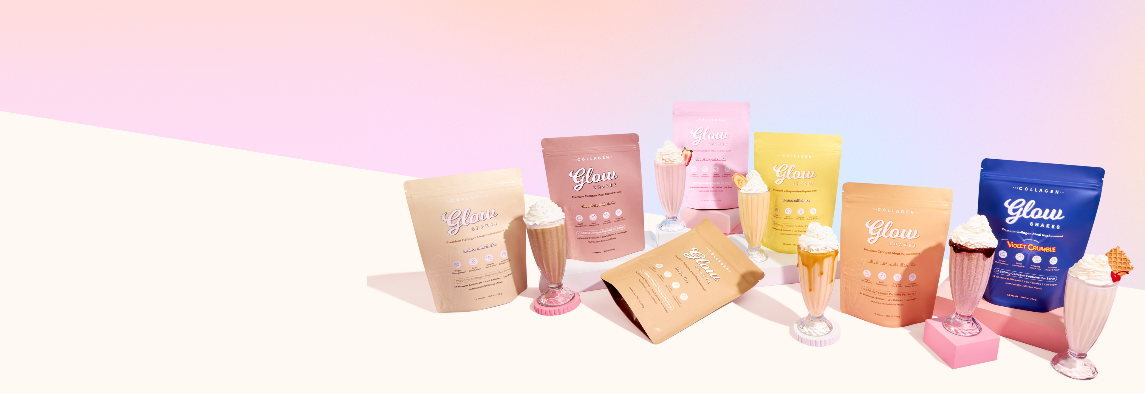 Colorful collagen supplement pouches with glasses of shakes on pastel gradient background. Beauty and wellness theme.