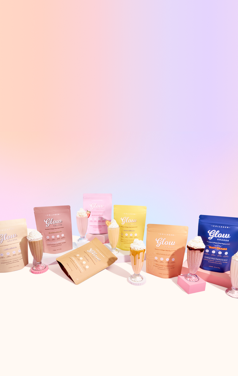 Colorful collagen supplement packs with frothy drinks against a pastel gradient background, emphasizing beauty and wellness.