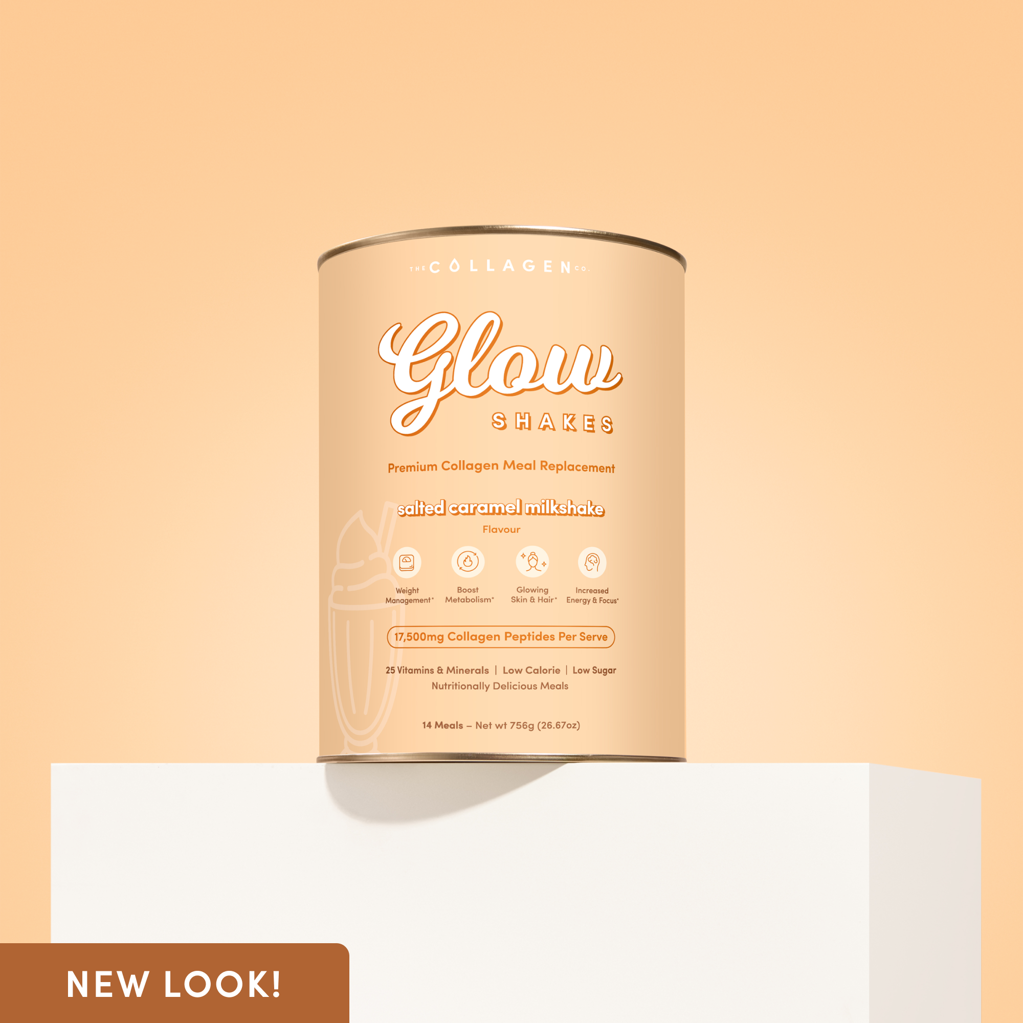 Glow Shake Salted Caramel Milkshake tub on a white plinth with soft lighting and caramel-toned background, highlighting the product’s fresh new look.