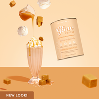 Creative product image featuring a creamy salted caramel shake being drizzled with caramel sauce, surrounded by caramel cubes and ice cream scoops, with the Glow Shake canister floating beside it.