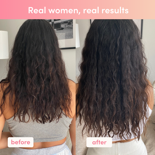 Before and after photo of hair transformation, showcasing improved hair texture and shine, with text "Real women, real results" above.