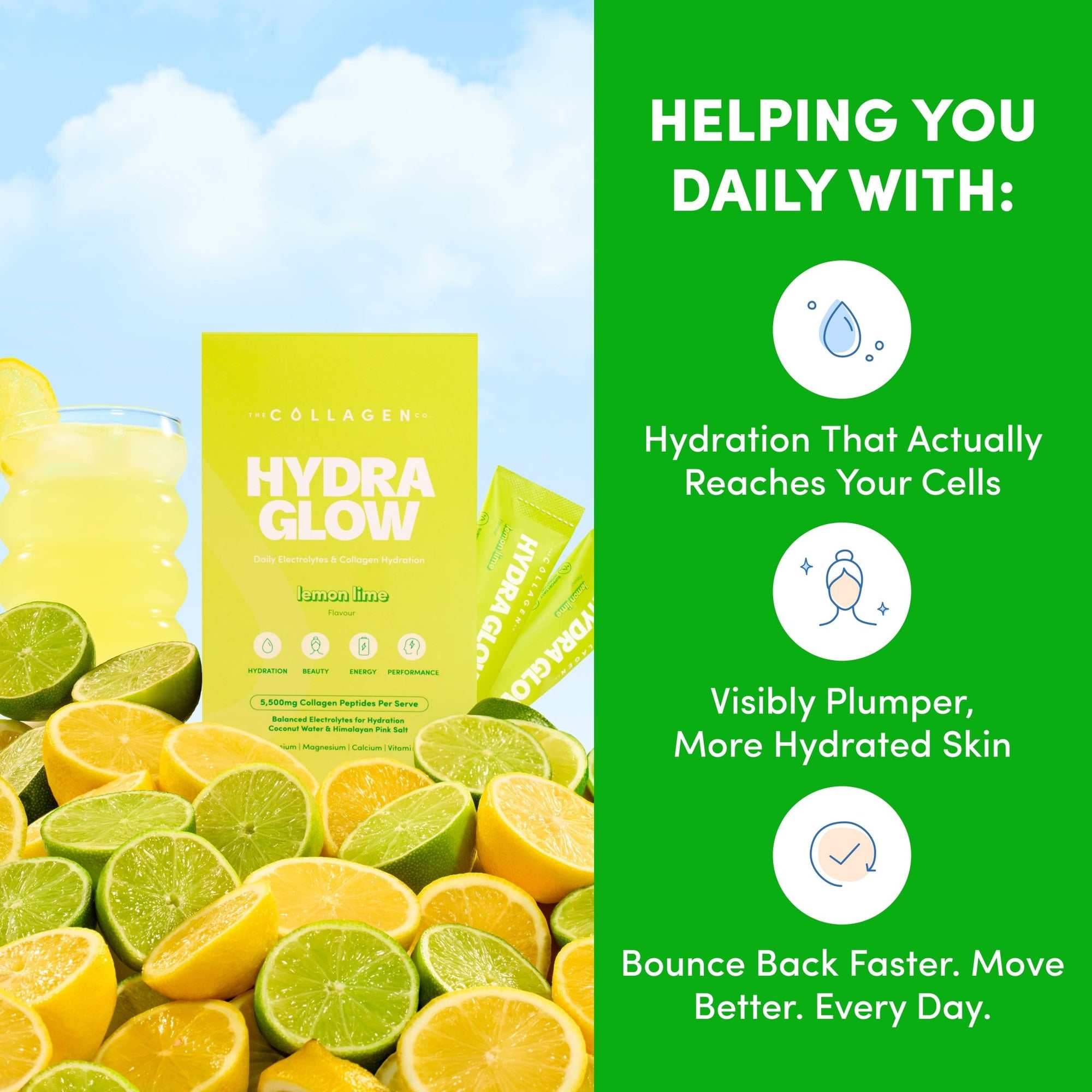 Lemon Lime Hydraglow Collagen Electrolytes Sachets - 210g - The Collagen Co.